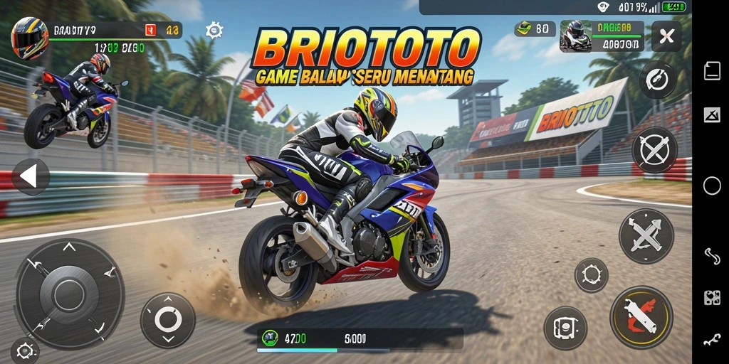 Screenshot utama BRIOTOTO menampilkan aksi balap motor yang mendebarkan.