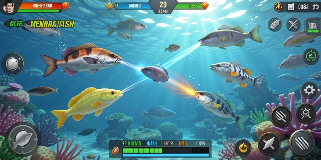 Gameplay DKK dengan ikan yang berwarna-warni dan efek menembak yang menakjubkan.