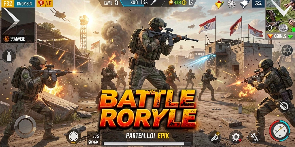 Tampilan gameplay F32 yang intens dan penuh aksi di arena Battle Royale.