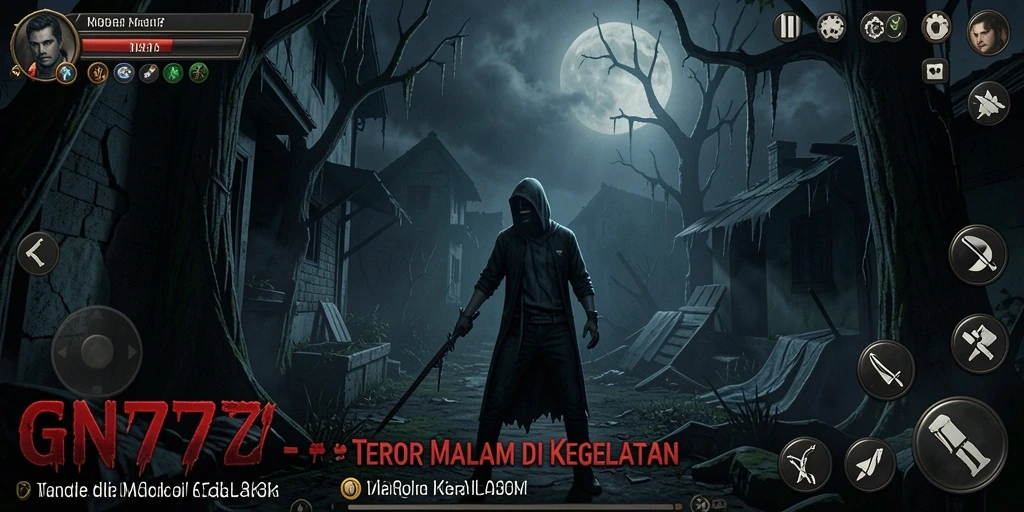 Screenshot gameplay menyeramkan dari GN777 menunjukkan suasana gelap dan mencekam.