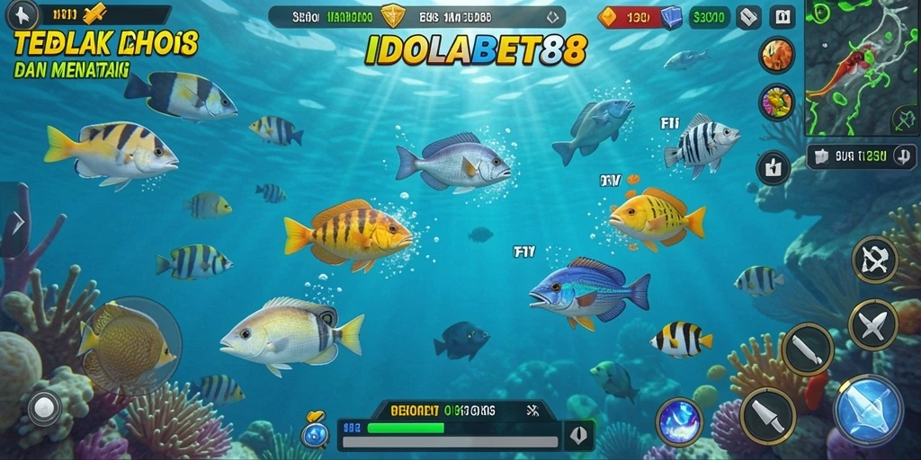 Tangkapan layar permainan IDOLABET88 dengan ikan berwarna-warni yang menakjubkan.
