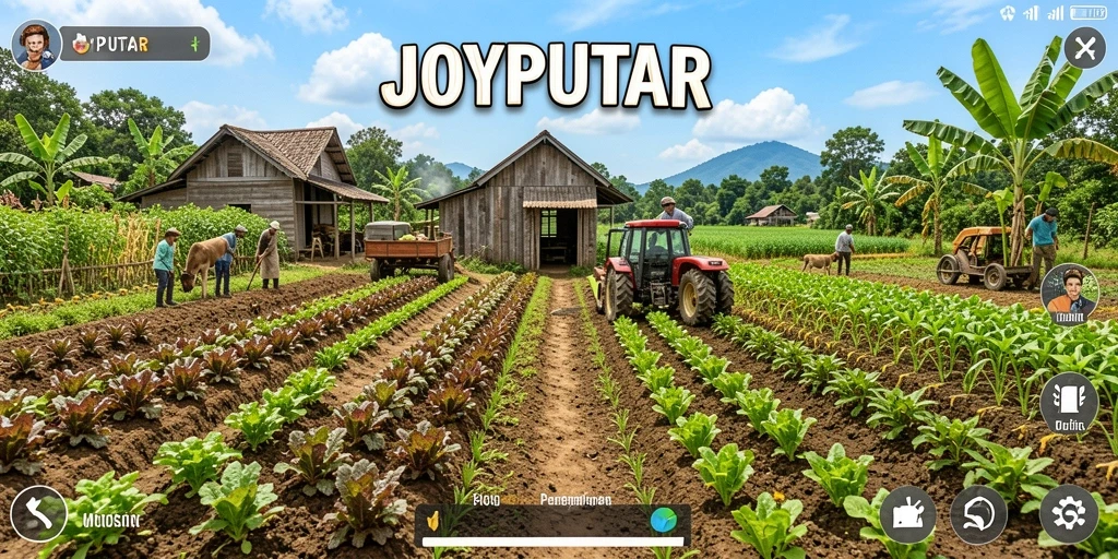 Screenshot gameplay JOYPUTAR menampilkan suasana pertanian yang ceria.