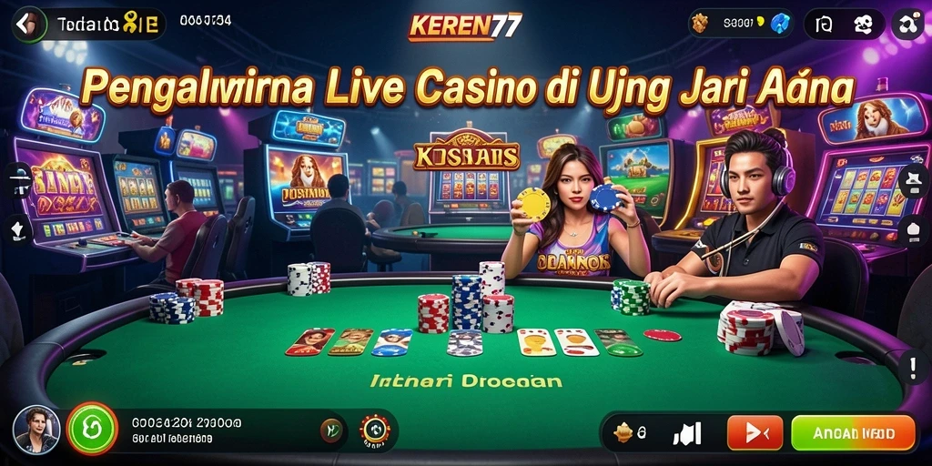 Screenshot gameplay KEREN77 menampilkan dealer langsung dan suasana kasino yang menarik.