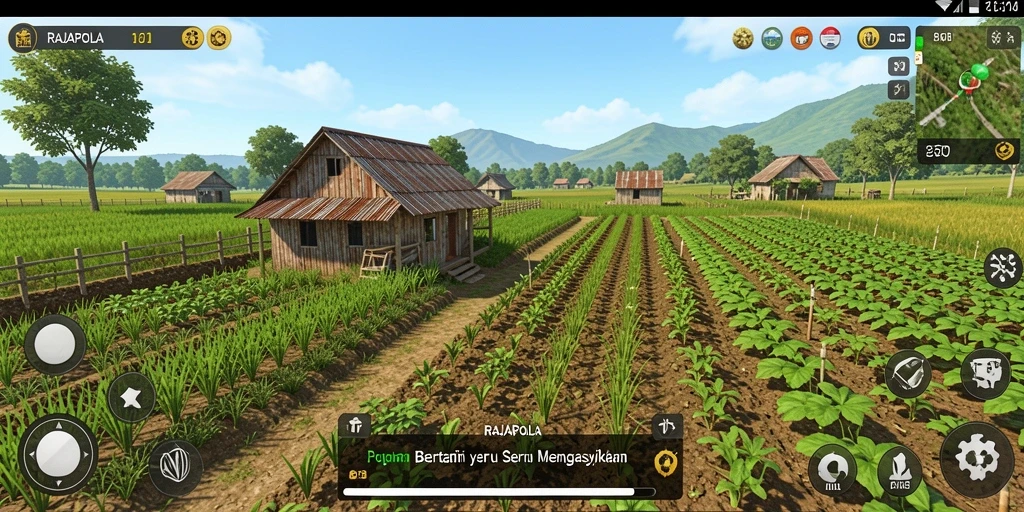 Screenshot utama menunjukkan gameplay seru bertani di RAJAPOLA.