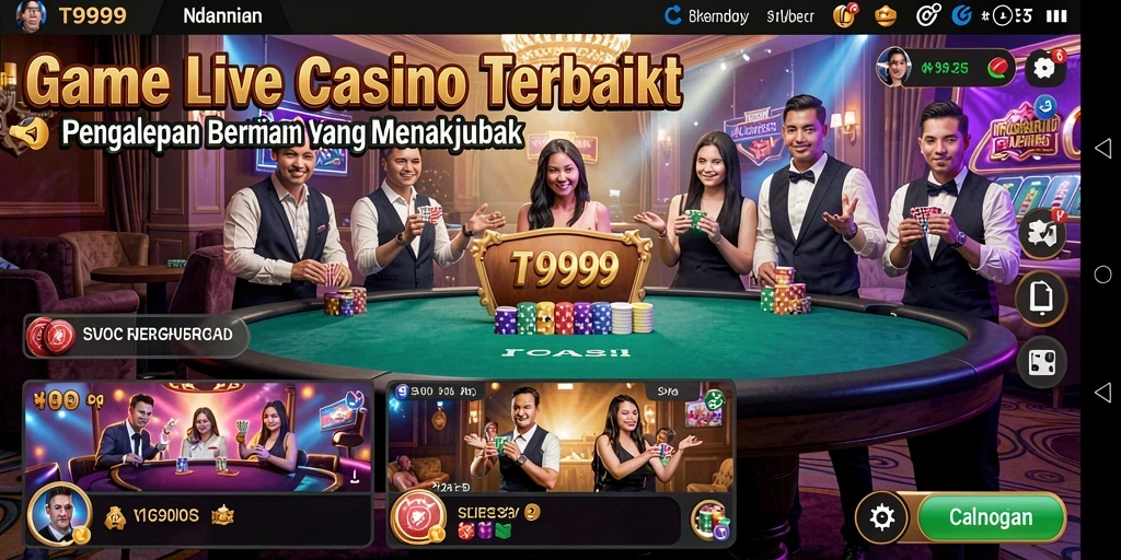 Screenshot gameplay T9999 dengan dealer langsung yang ramah.