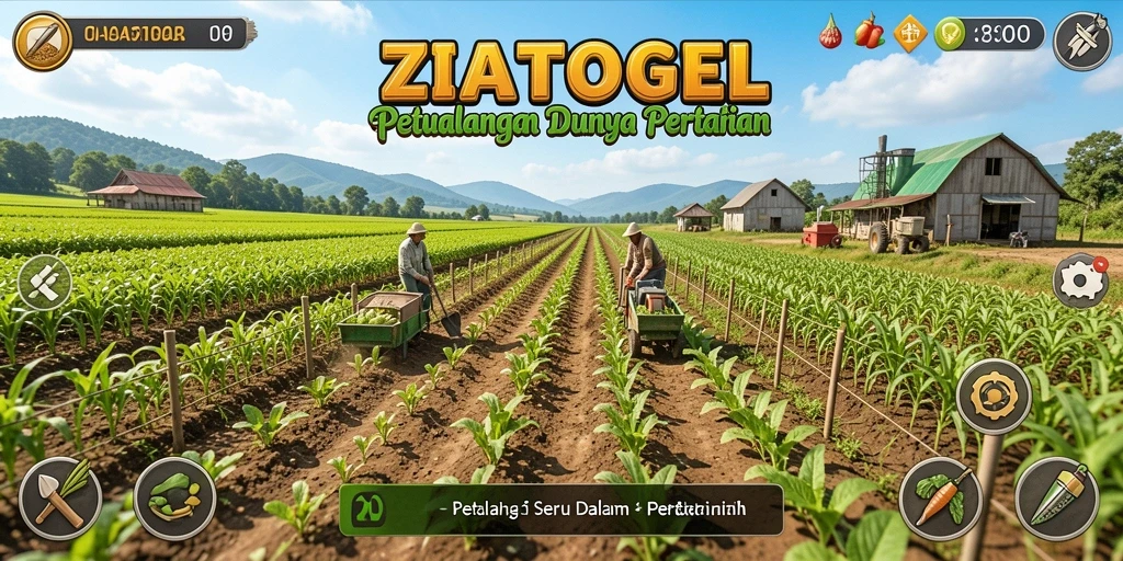 Tampilan gameplay ZIATOGEL dengan pertanian yang indah.